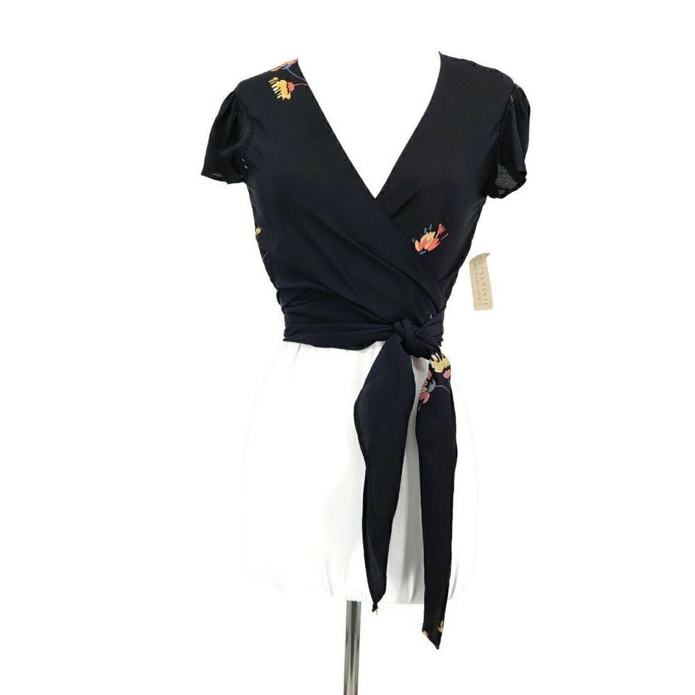 New Flynn Skye That's a Wrap Crop Wrap Top Womens S Flutter Black Yellow Floral